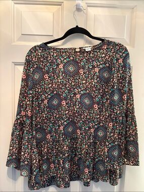 J. Crew Navy Blouse with Teal & Pink Floral Print